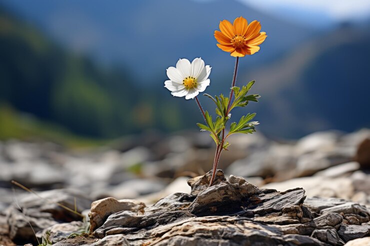 Imagen de flores creciendo en medio de las rocas creada con IA por freeepik